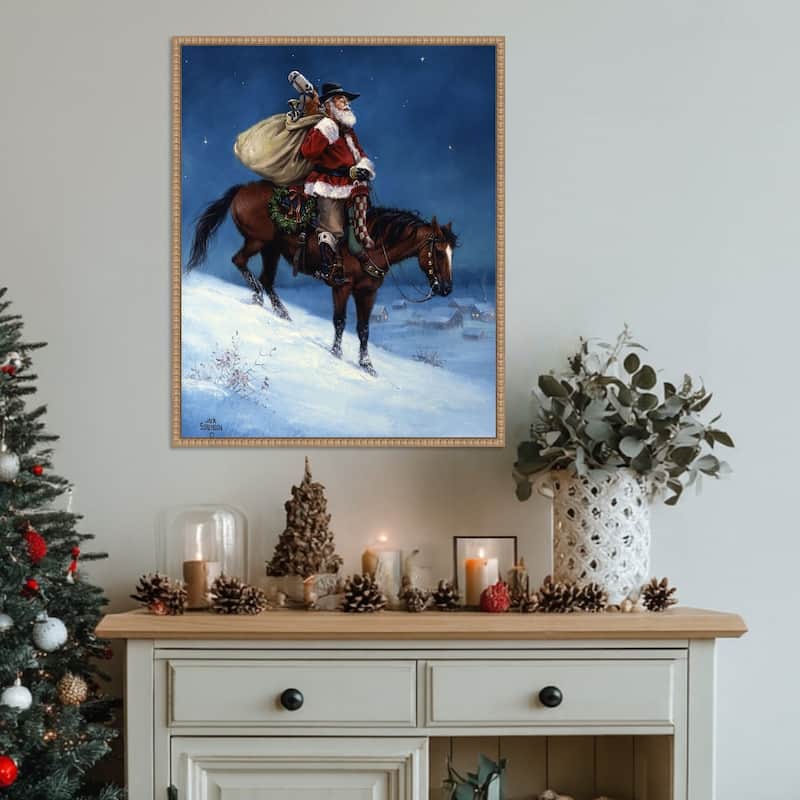 A Cowboy Christmas by Jack Sorenson (23 x 28 in.), Framed Canvas Wall Art Print - Sylvie Beaded Rustic Natural