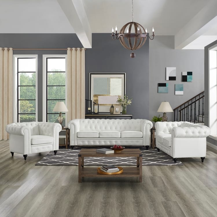 Chesterfield 3 Piece Living Room Sectional Sofa Set with Rolled Arms Button Tufted Cushion Sofa Loveseat for Living Room - White