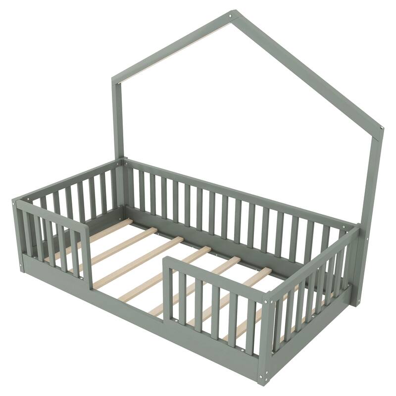Wooden Floor Bed House-shaped Frame, Montessori Floor Bed with Light and High Rails, Wood Slat Support Floor Daybed