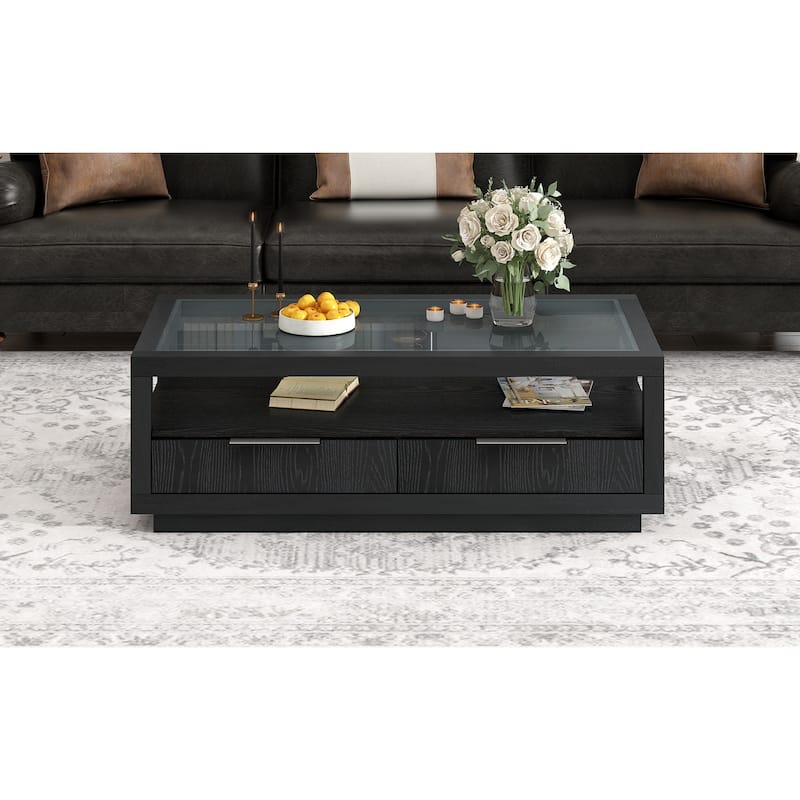 Coffee Table with Transparent Tempered Glass and 2 Drawers, Center Table with Open Storage Shelf