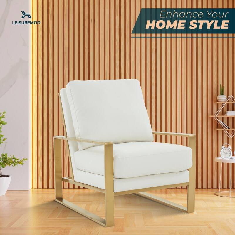 Jefferson Contemporary Leather Accent Armchair with Brushed Gold Base, Removable Cushions, and Durable Spring-Supported Seat