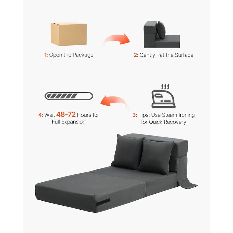 Dark Grey Single Foam Fabric Foldable Sofa Bed with Pillows and Washable Cover - 73.23” L x 28.74” W x 5.91” H