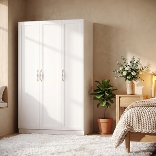 3 Door Wardrobe Closet with 2 Hanging Rods and 5 Shelves, 47.2" White Armoire Wardrobe Freestanding Clothes Storage Cabinet
