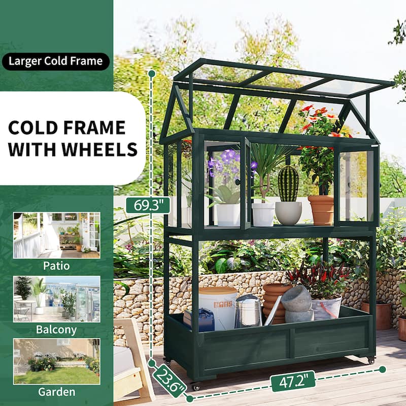Roomfitters Portable Wooden Cold Frame Greenhouse with Wheels, Openable Roof and Storage Box for Garden Plants