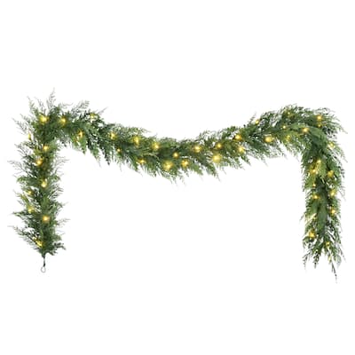 Puleo International 9' x 10" Pre-Lit Battery-Operated Cedar Garland with Twinkle Rice Lights