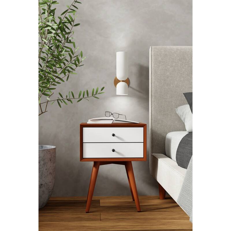 Small Mid-Century Modern Nightstand in Acorn and White Finish with Tapered Legs and Ball-Bearing Drawer Glides