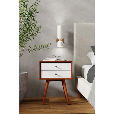 Small Mid-Century Modern Nightstand in Acorn and White Finish with Tapered Legs and Ball-Bearing Drawer Glides