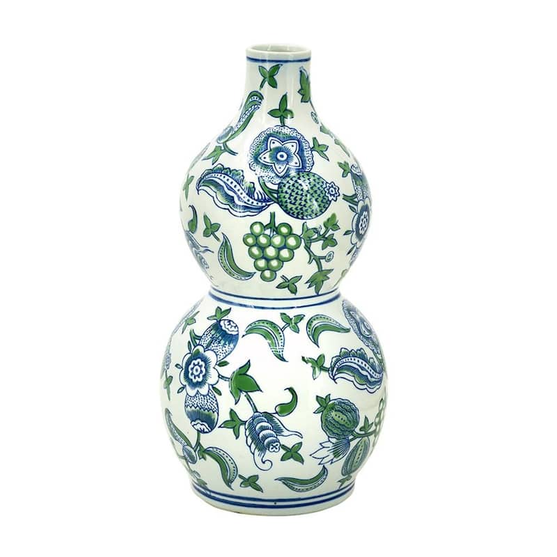 13" White Blue And Green Chinoiserie Porcelain Wavy Gourd Table Vase - 6.90