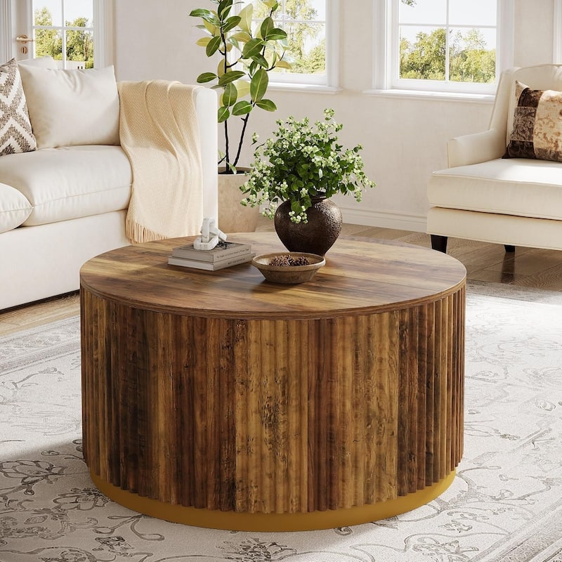 Round Coffee Table, Fluted Wooden Center Table, Mid Century Modern Table for Living Room or Office