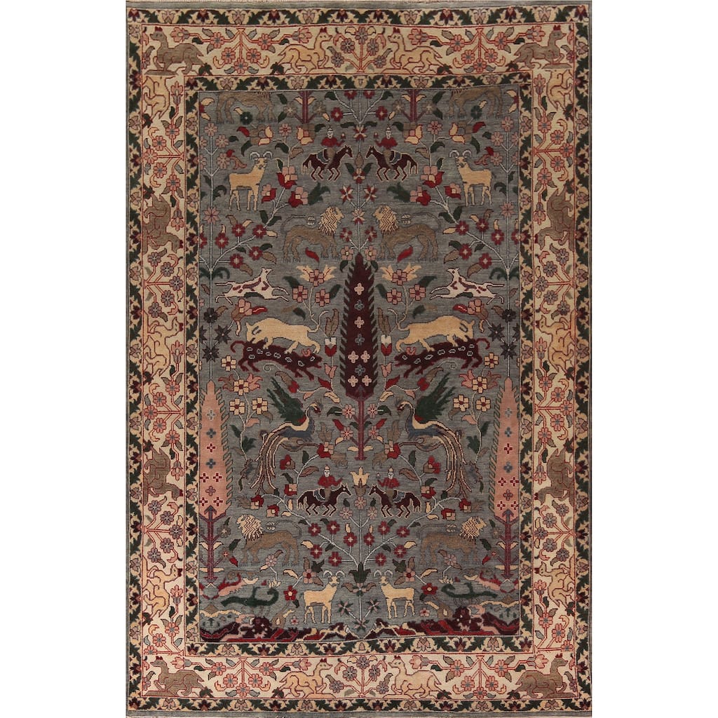 Hunting Animals Gray Ziegler Oriental Large Rug Handmade Wool Carpet - 9'8"x 13'10"