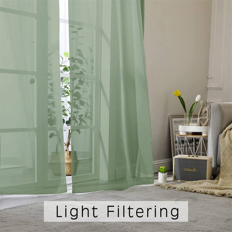 Sage Green Sheer Kitchen Curtains 36" 2 Panels Small Window