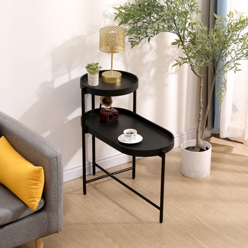 Modern 2-Tier Sofa Side Table with Storage - Black Metal Frame & Wooden Tray