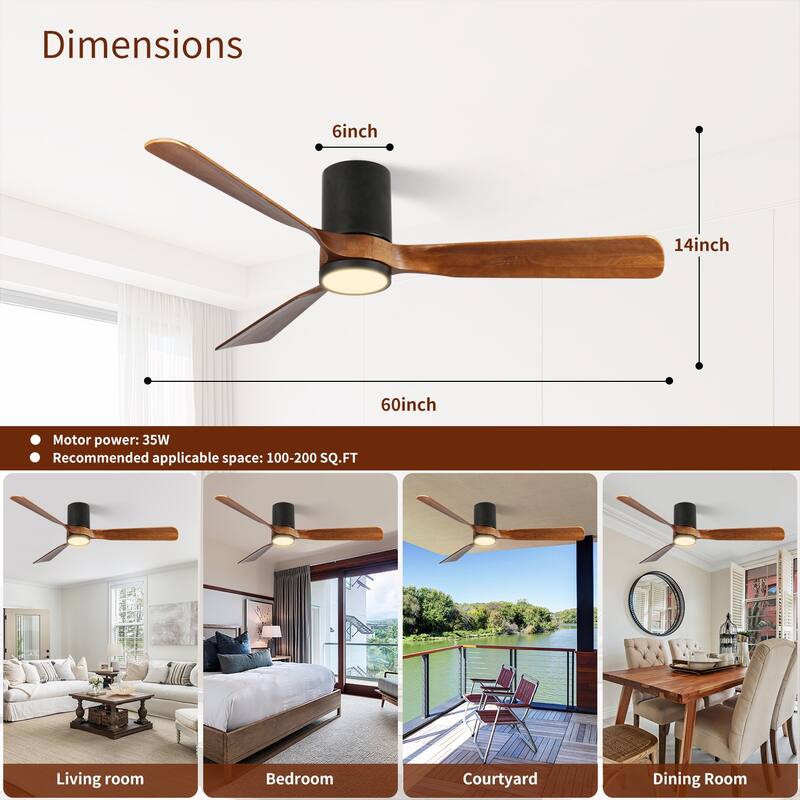 60 in. LED Indoor/Outdoor Flush Mount Matte Black Ceiling Fan with Wood Blades, 6-Speed DC Remote Control