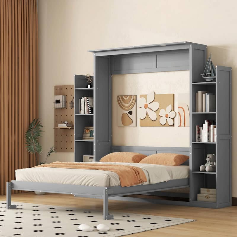 Queen Size Murphy Bed with Shelves and LED Lights