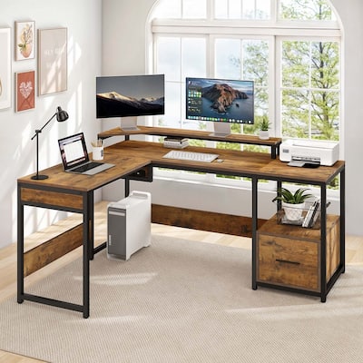 Moasis L Shaped Desk with Storage Shelves, Home Office Corner Desk with Charge Station