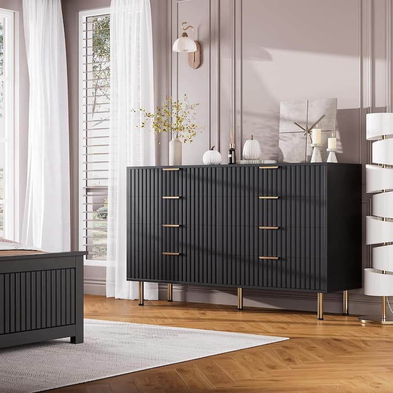 Fluted 8 Drawer Double Dresser for Bedroom, Living Room, Hallway