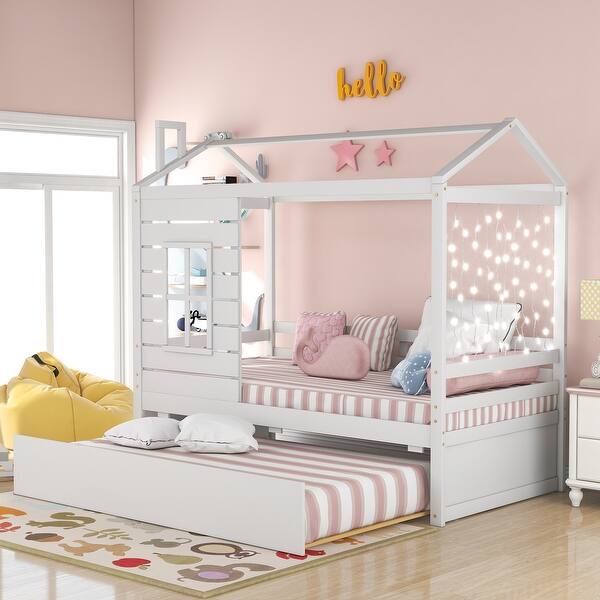 slide 2 of 11, House Bed Frame for Kids Twin House-shaped Daybed with Trundle Bed White - Twin