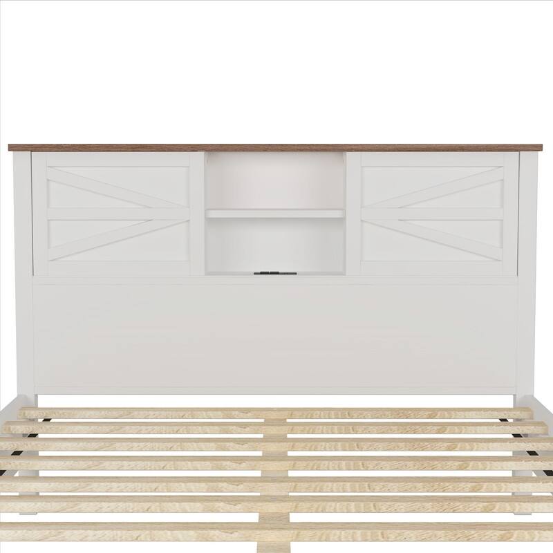Farmhouse Style Platform Bed with Sliding Barn Doors Storage Headboard, Full/Queen Size Wood Bed Frame with Charging Station