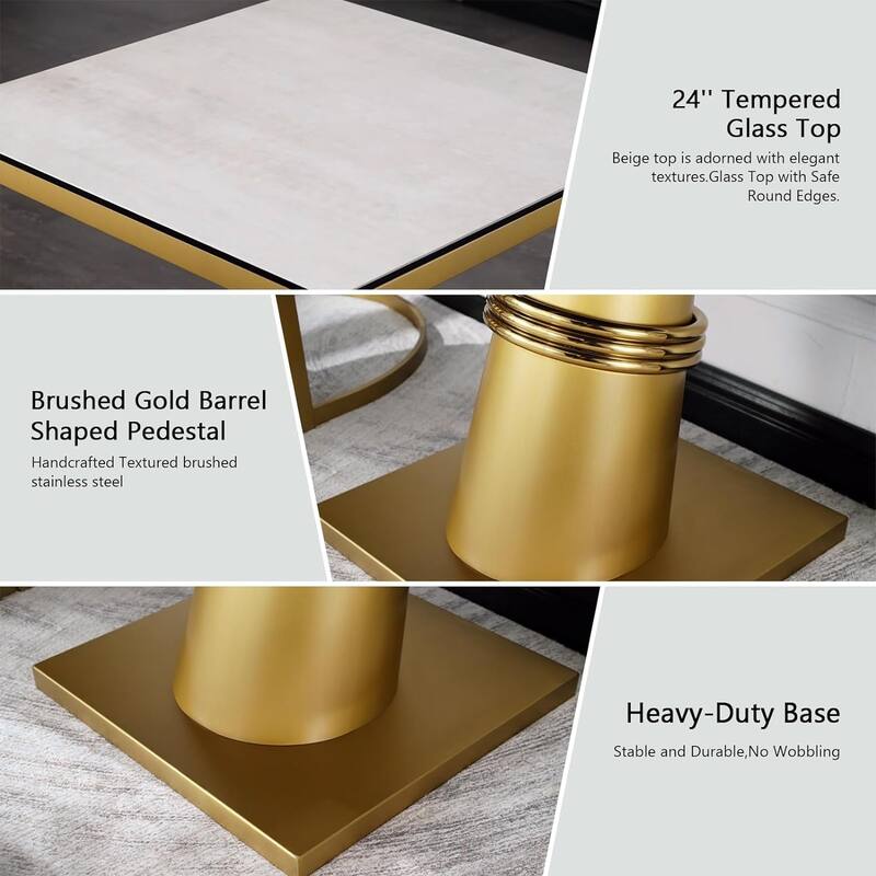 Glam 24 inch Square Glass End Table with Brushed Gold Stainless Steel Base