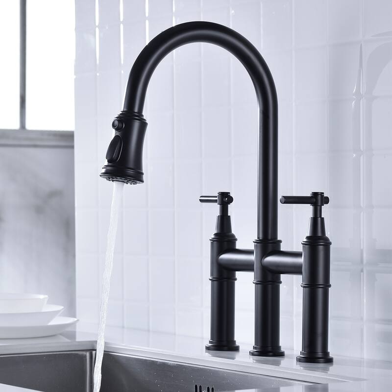 Double-Handle Bridge Kitchen Faucet with Pull-Down Sprayer