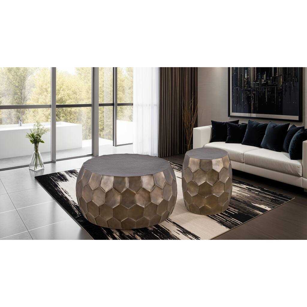 Modern Contemporary Round Aluminum material 32" Coffee Table and 21"Height End Table Set 2PC Tables with Glossy Diamond-