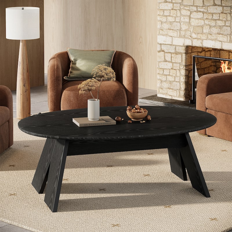 47 Inch Modern Black Oval Coffee Table for Living Room - 23.6" D x 47.2" W x 18.11" H