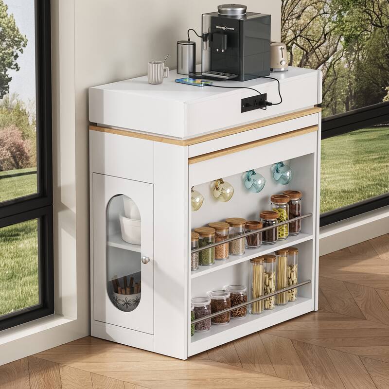 Extendable Kitchen Island Dining Table with Power Outlet, Rolling Sideboard with Folding Tabletop & Drawers