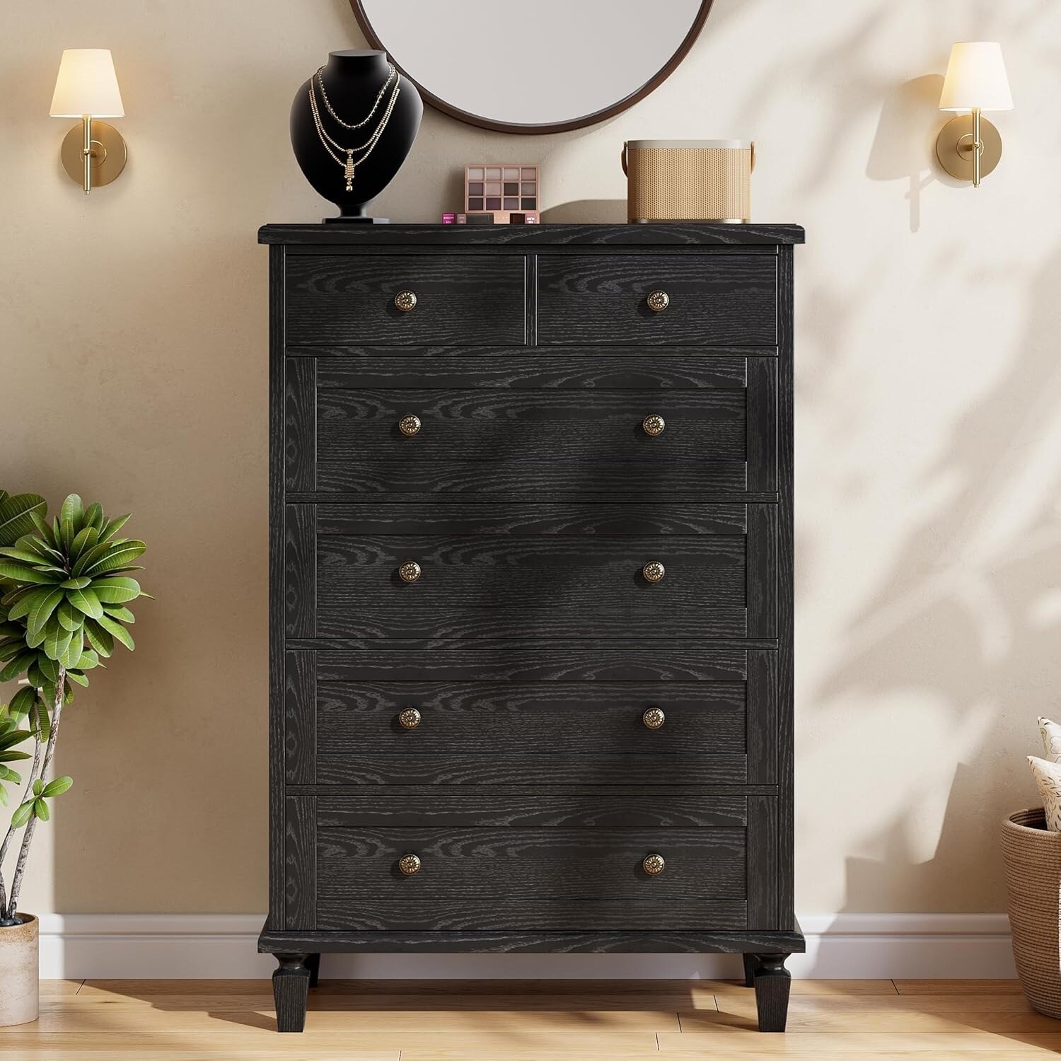 Vintage 6-Drawer Tall Dresser, Wooden Storage Chest with Carved Handles for Bedroom, Light Brown