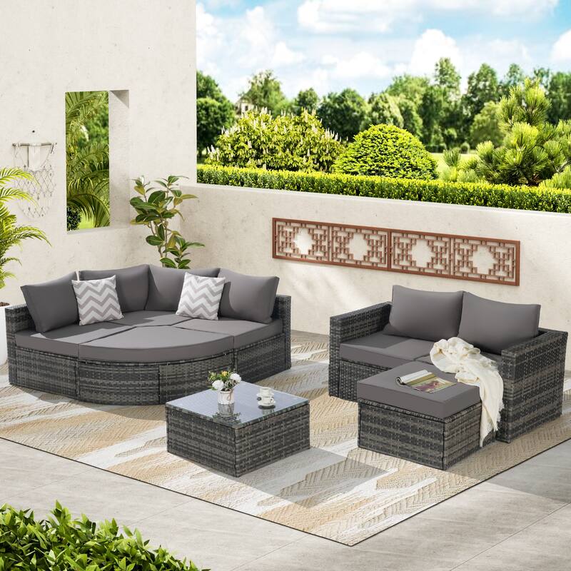 8 Pcs Outdoor Sectional L- Shaped Sofa Set, Patio Wicker Conversation Set Furniture with Curved Sofa Ottoman and Coffee Table