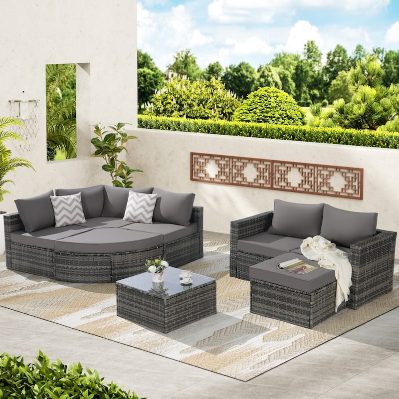 8 Piece Outdoor Patio Sofa Set, L- Shaped Wicker Patio Conversation Set with Curved Ottoman and Removable Cushion