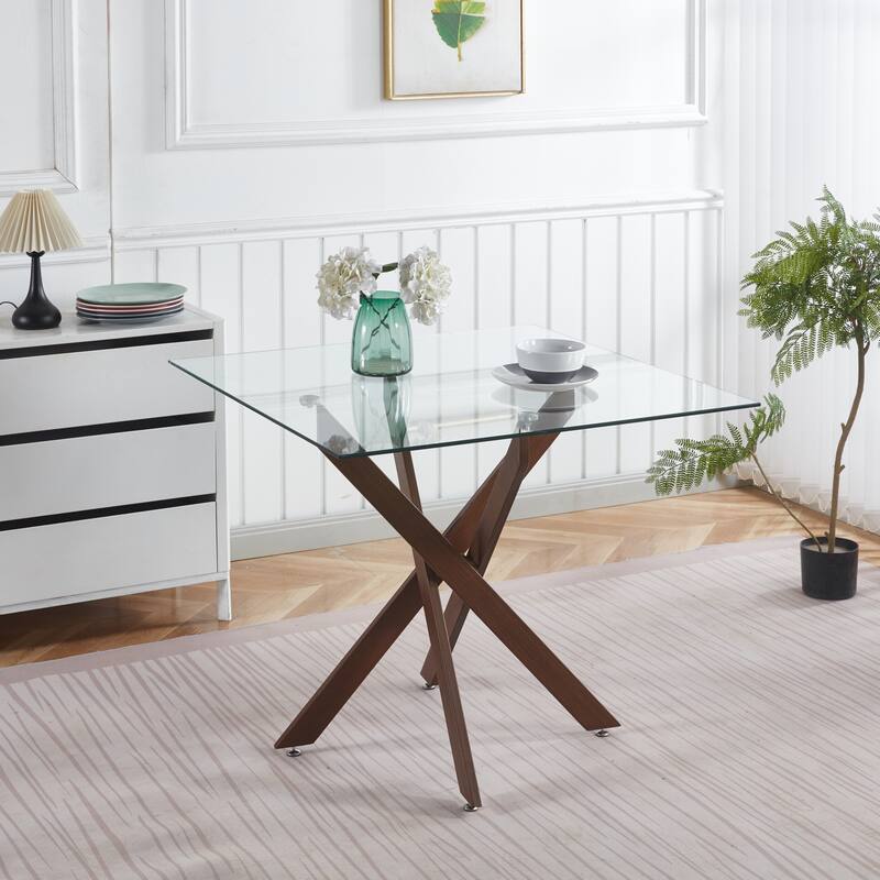 Square Glass Dining Table for 4 Person, Kitchen Table with Tempered Glass & Cross Metal Legs, Modern Leisure Coffee Table - Dark Walnut