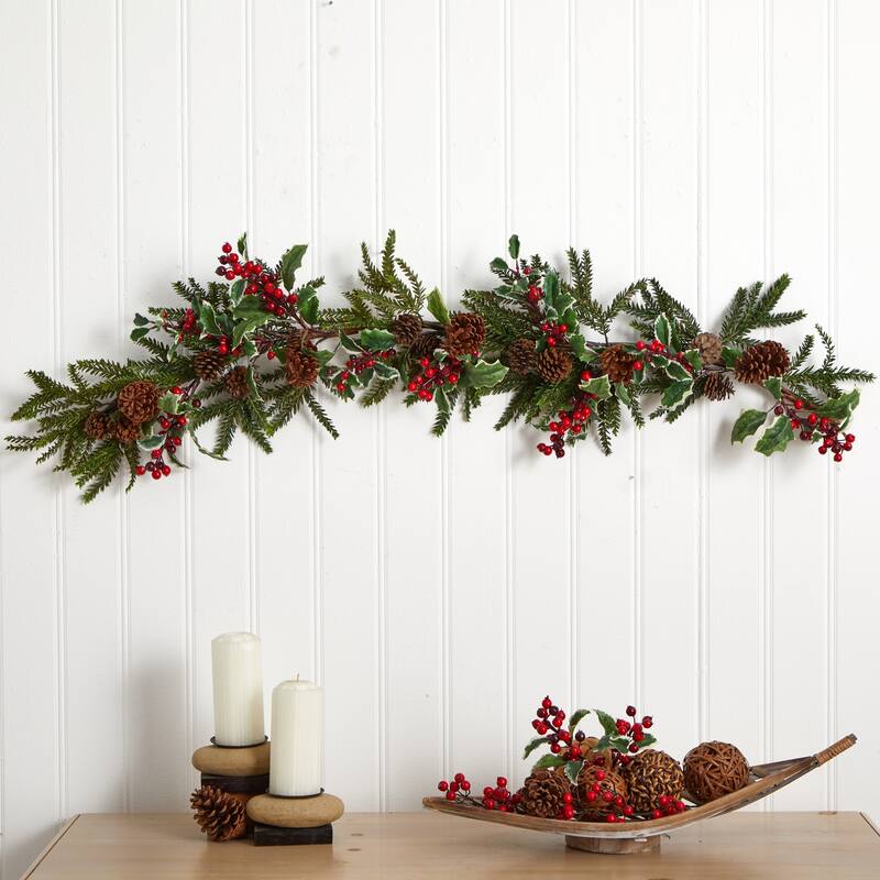Holiday Holly Berry Garland 54 Inch - Festive Christmas Decor for Home, Mantel, and Fireplace