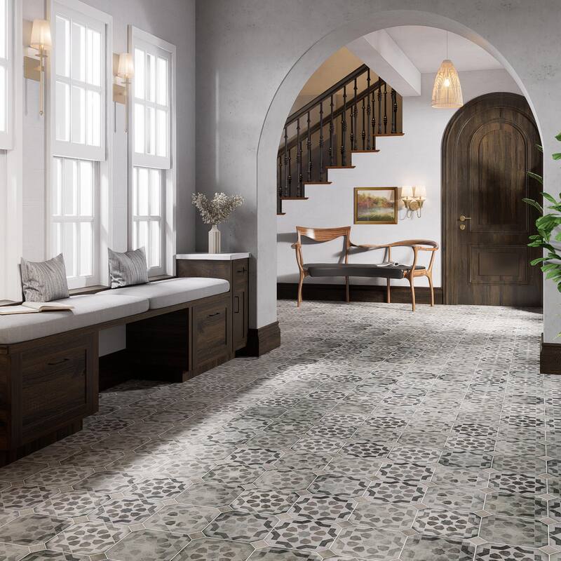 Merola Tile Laverton Octagon Deco Sombra with Grafito 7-7/8" x 7-7/8" Porcelain Floor and Wall Tile - Case (1 Tiles)