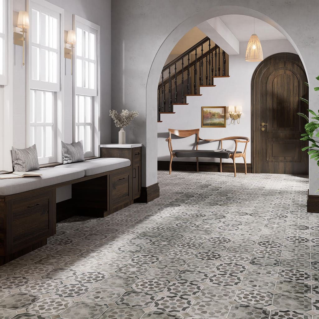 Merola Tile Laverton Octagon Deco Sombra with Grafito 7-7/8" x 7-7/8" Porcelain Floor and Wall Tile
