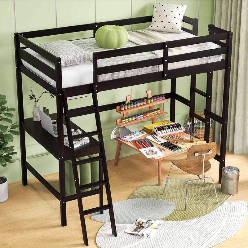 Costway Twin Size Loft Bed w/ Desk & Shelf 2 Ladders & Guard Rail for