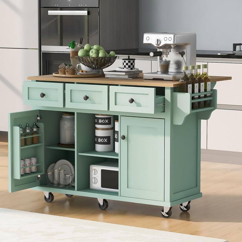 Roomfitters Kitchen Cart with Rubber wood Drop-Leaf Countertop, 5-Wheel Kitchen Island with Storage Cabinet & 3 Drawers