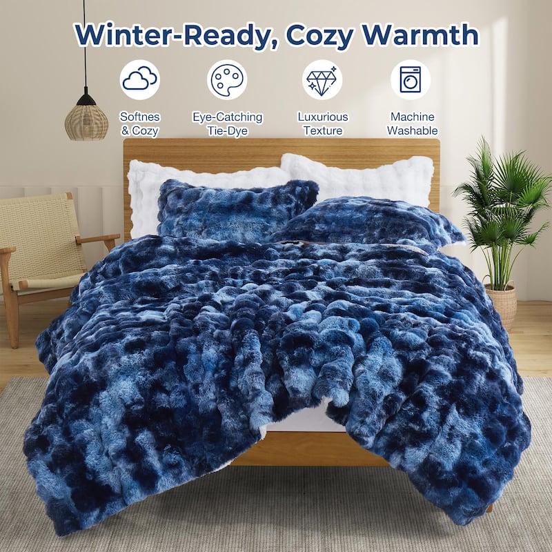 3 Pieces Fluffy Faux Rabbit Fur Comforter Set, Plush Fuzzy Bedding Set for Winter - Queen - Navy