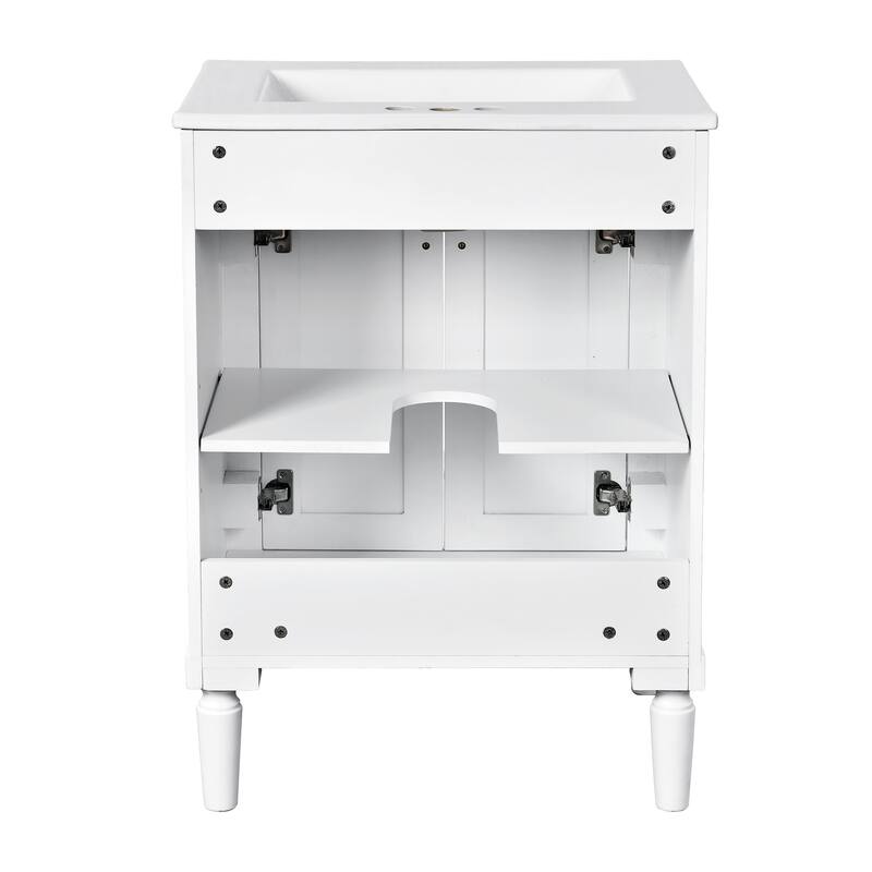 24 Inch Bathroom Vanity with Ceramic Top Sink, Freestanding Single Sink Vanity with Storage Shelves, Modern Style