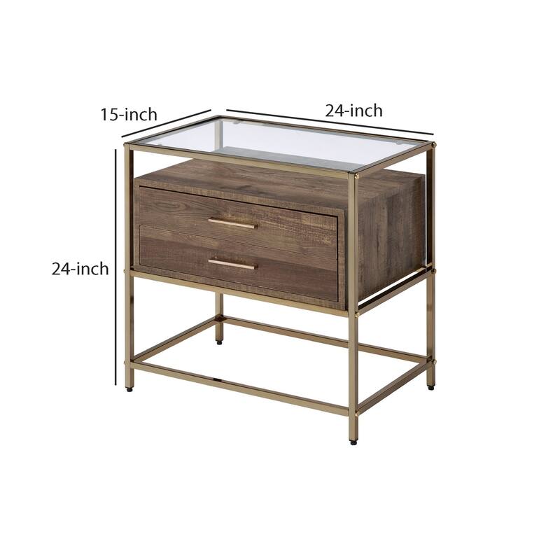 24 in. Gold Rectangle Glass End Table with Storage Drawer for Convenience