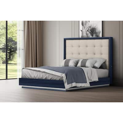 HomeRoots Blue and Gray Wood And Tufted Faux Leather Lighted Queen Bed Frame