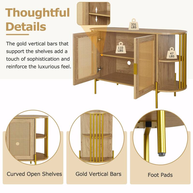2-Door Curved Dining Cabinet - Elegant with Gold Trim and Woven Rattan Doors