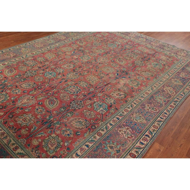 Traditional Tabriz Persian Vintage Rug Hand-Knotted Pink Wool Carpet - 7'10" x 11'2"