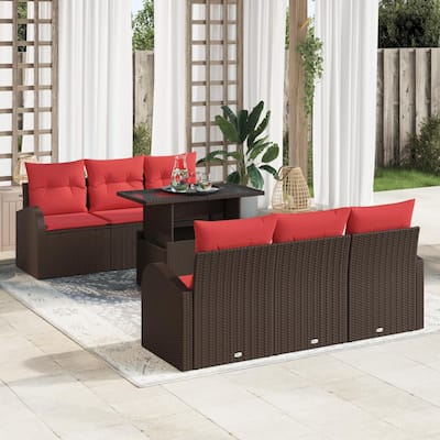 vidaXL 7 Garden Sofa Set with Cushions Black/Brown/Grey Poly Rattan - 70.5 x 24.4 x 27.2
