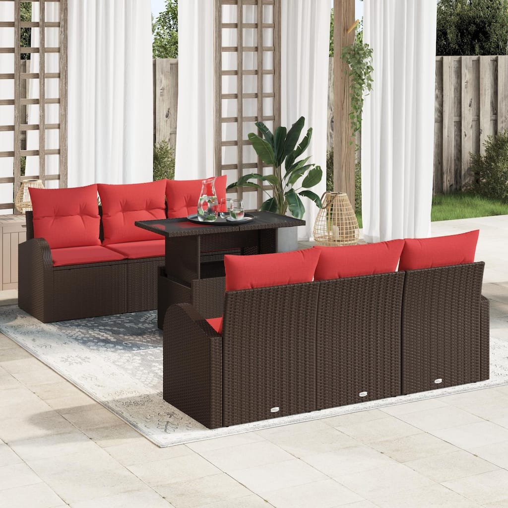 vidaXL 7 Garden Sofa Set with Cushions Black/Brown/Grey Poly Rattan - 70.5 x 24.4 x 27.2