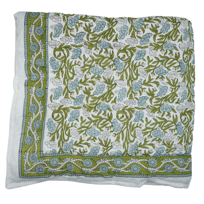 Fabdivine Luxury Hand Block Printed Cotton Quilt - Hand Stitched Thorny Stems Blue Green, Reversible Bedspread for Bedroom Décor - 90" X 95" - Green, Blue