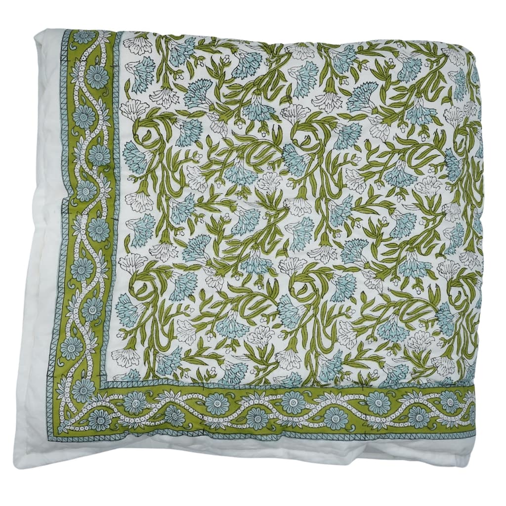Fabdivine Luxury Hand Block Printed Cotton Quilt - Hand Stitched Thorny Stems Blue Green, Reversible Bedspread for Bedroom Décor