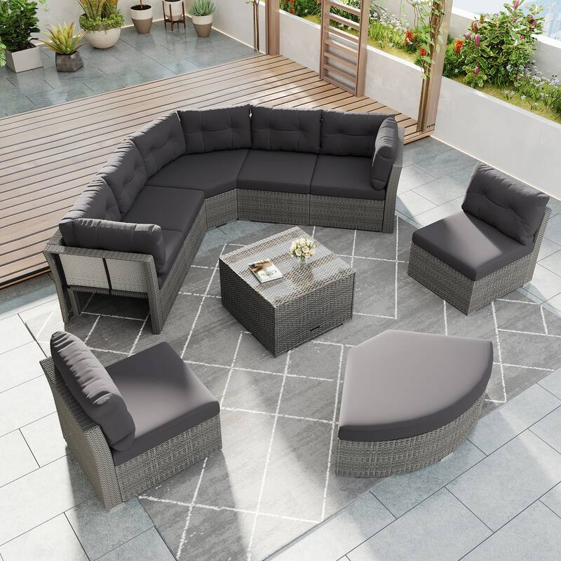 Roomfitters Outdoor Rattan Sectional Daybed Furniture Set with Cushions & Center Table for Patio