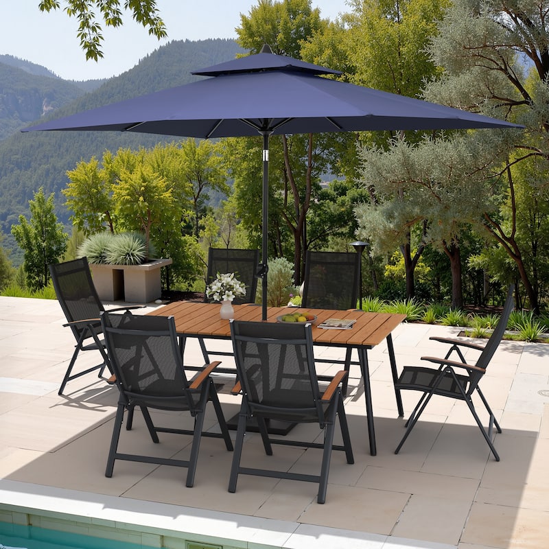9PC Outdoor Patio Dining Set Wood-Like Aluminum Umbrella Hole Table with Folding Chairs,Double Top Market Umbrella and Base - BrownTable&BlackChairs&NavyBlueUmbrella