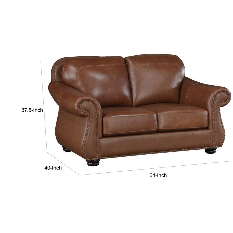 Boro 64 Inch Loveseat, Rich Brown Top Grain and Faux Leather, Solid Wood