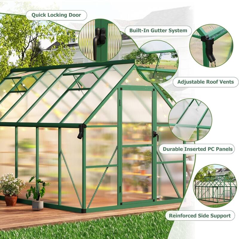 8x12 FT Outdoor Greenhouse, Polycarbonate Greenhouse with Roof Vent and Ground Nails, Green - 8*12FT